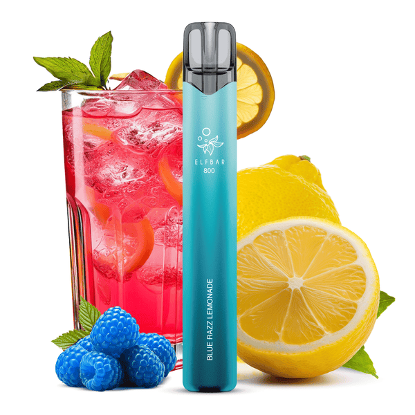 ELFBAR 800 Blue Razz Lemonade E-Zigarette mit Blaubeeren und Zitronen neben einem erfrischenden Getränk.