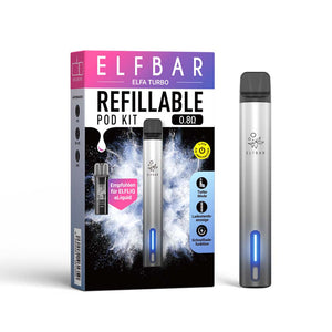 ELFA TURBO Kit Aurora Black E-Zigarette, schwarzes Basisgerät mit blauer LED und Verpackung.