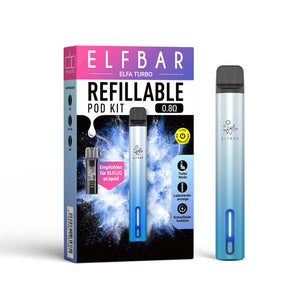 ELFA TURBO Kit Aurora Cyan: Basisgerät und Verpackung des nachfüllbaren Pod Kits mit 0.8 Ohm und LED-Anzeige.