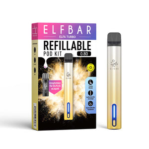ELFA TURBO Kit Aurora Gold E-Zigarette im Set mit Verpackung, leuchtendem Akkuindikator und 0.8 Ohm Pod.