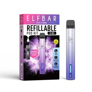ELFA TURBO Kit Aurora Purple: Nachfüllbares Pod-System mit Farbverlauf (Silber/Lila) und blauer LED, inkl. Verpackung.