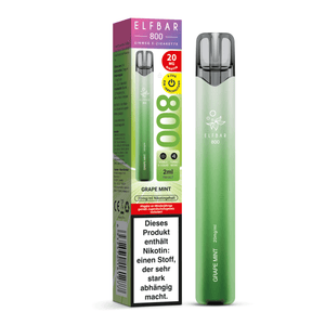 ELFBAR 800 Einweg E-Zigarette Grape Mint mit 20mg/ml Nikotingehalt, Produkt und Verpackung im grünen Farbverlauf.