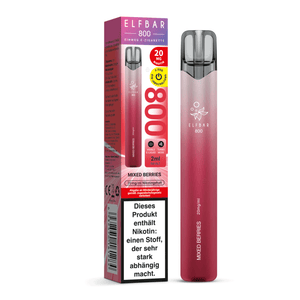 ELFBAR 800 Einweg E-Zigarette in Mixed Berries mit 20mg/ml Nikotingehalt, zeigt Produkt und Verpackung.