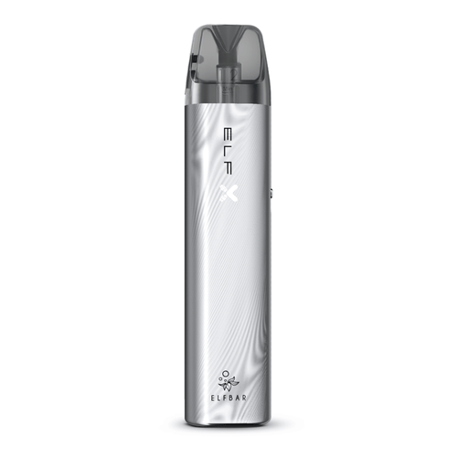 Silbernes ELFBAR ELFX Kit mit wellenförmiger Textur, transparentem Pod und ELFBAR Logo. Produktansicht.
