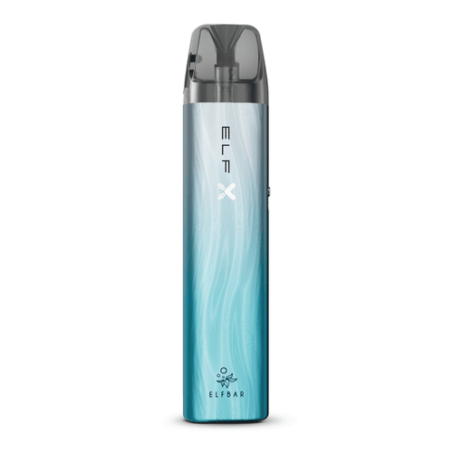 Elfbar ELFX Kit Silber Blau mit Wellenmuster, ELF X Logo, 1000mAh Akku, für Produktansicht.
