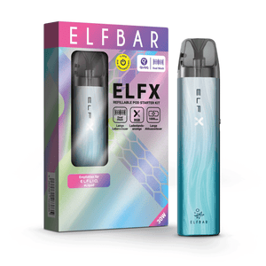ELFBAR ELFX Kit silber-blau Wellenmuster, 30W, 1000mAh Akku, für Produktansicht mit Verpackung.