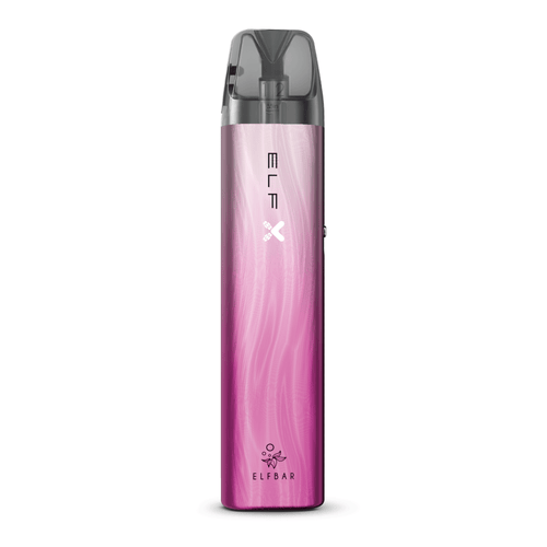 ELFBAR ELFX Kit in Silber-Pink mit Wellenmuster, zeigt Akkuträger und Mundstück, perfekt für die Produktvorstellung.