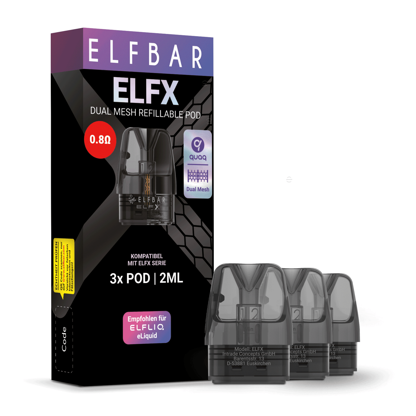 3er Pack ELFX Refillable Pods 0.8 Ohm mit Dual Mesh Coil Technologie, transparent, für ELFBAR ELFX Serie. Img