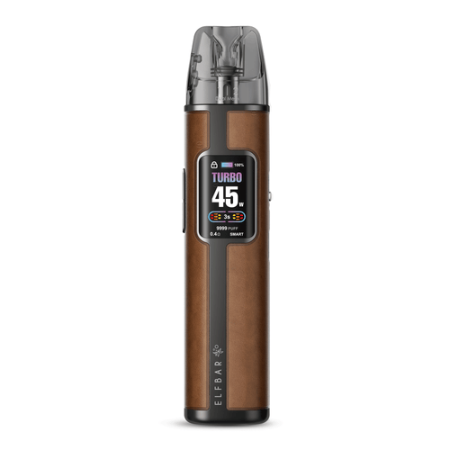 ELFBAR ELFX Pro Cowboy Brown E-Zigarette mit Leder-Finish, 45W Turbo und Farbdisplay für detaillierte Produktansicht.