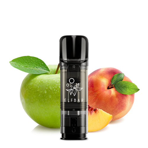 ELFA Pod Apple Peach mit grünem Apfel und Pfirsich, transparente Hülle, schwarzes Mundstück, ELFBAR Logo.