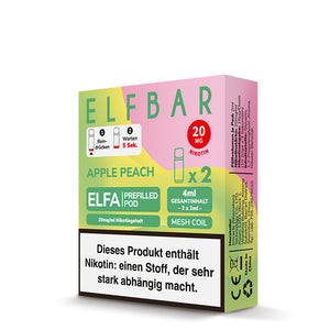 ELFA Pod Apple Peach Verpackung mit 20mg Nikotin, 2x2ml Gesamtinhalt und Mesh Coil Technologie.