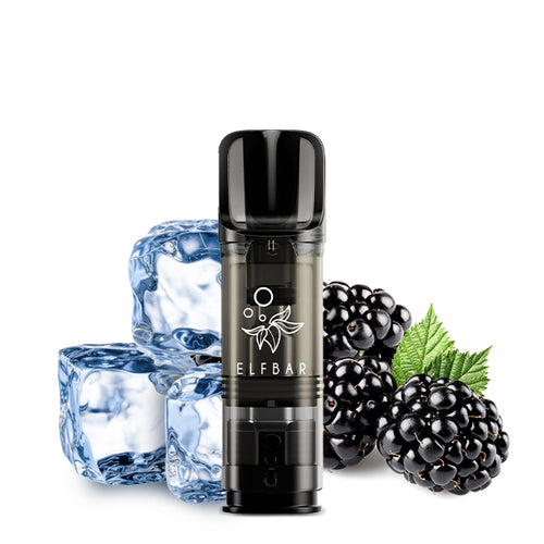ELFA Prefilled Pod Brombeere Eis von Elfbar, dunkler Vape-Pod mit Brombeeren und Eiswürfeln.