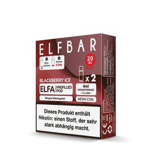 Elfbar ELFA Pods Blackberry Ice Verpackung mit 2x 2ml, 20mg Nikotingehalt und Mesh Coil.