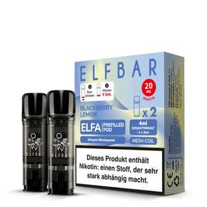 ELFA Pods Brombeere Zitrone 2er Pack mit 20mg Nikotingehalt und Mesh Coil, Produktansicht.