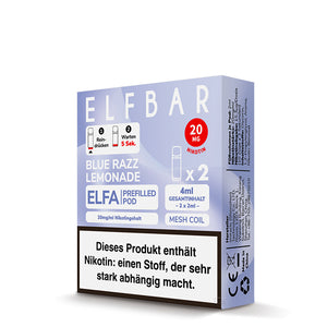 ELFA Pods Blue Razz Lemonade Verpackung mit 20mg Nikotin, 2x2ml Inhalt und Mesh Coil Technologie.