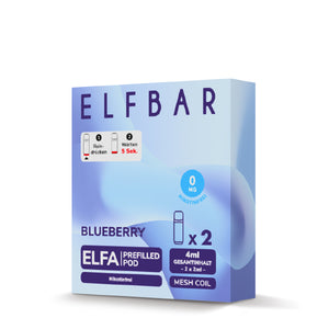 ELFBAR ELFA Prefilled Pods Blueberry Verpackung. Nikotinfrei, 0 mg. Enthält 2 x 2ml Pods, Mesh Coil Technologie.