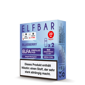 Verpackung ELFA Prefilled Pods Blaubeere mit 2x2ml Inhalt, 20mg Nikotin und Mesh Coil.