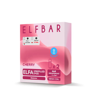 Verpackung des ELFA Prefilled Pods in Kirschgeschmack, nikotinfrei (0 mg). Enthält 2 x 2 ml Pods mit Mesh Coil Technologie.