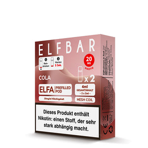 ELFBAR ELFA Prefilled Pods in Cola, 2x 2ml, 20mg Nikotin, Mesh Coil Technologie. Produktverpackung.