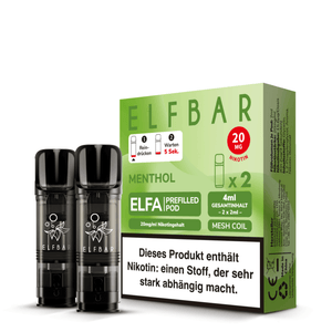 ELFBAR ELFA Prefilled Pods Menthol 2 x 2ml mit 20mg Nikotin, grüne Verpackung und zwei transparenten Menthol-Pods.