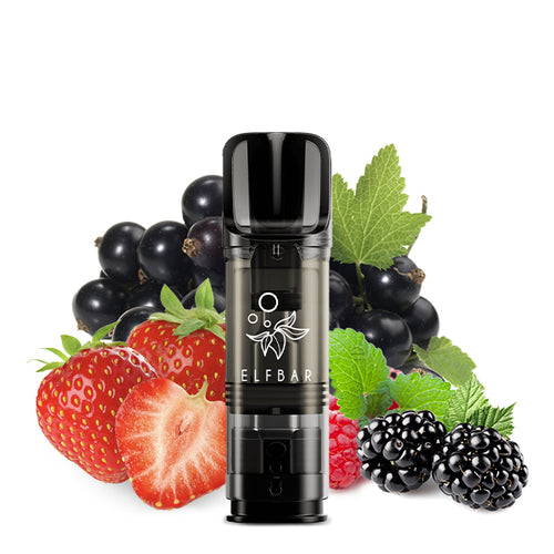 ELFA Prefilled Pod Mix Berries, transparenter Pod mit schwarzem Mundstück, umgeben von Beeren.