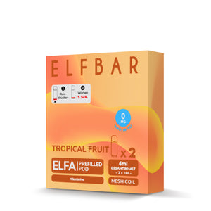 Verpackung der nikotinfreien ELFA Prefilled Pods Tropical Fruit mit 0 mg Nikotin und Mesh Coil Technologie.
