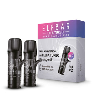 Zwei ELFA TURBO 0.8 Ohm Refillable Pods neben der Verpackung. Mesh-Coil Leer-Pods für ELFA TURBO Basisgeräte.