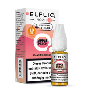 ELFLIQ Apple Peach Nikotinsalz Liquid 10mg, 10ml Flasche und Verpackung auf weißem Hintergrund.