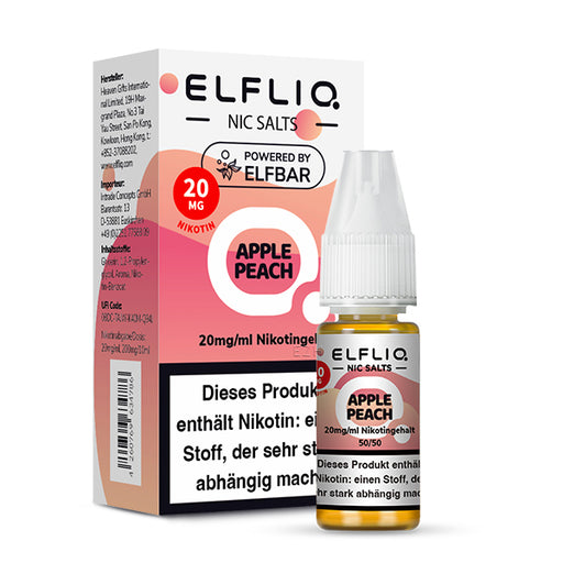 ELFLIQ Apple Peach Nikotinsalz Liquid 10mg 50/50 VG/PG Flasche und Kartonage im Detail. Img