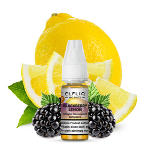 ELFLIQ Blackberry Lemon Nikotinsalz Liquid 10mg, 50PG/50VG, umgeben von frischen Brombeeren und Zitronen.