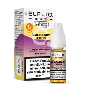 ELFLIQ Brombeere Zitrone Nikotinsalz Liquid 10mg 10ml Flasche und Schachtel mit bunter Verpackung.