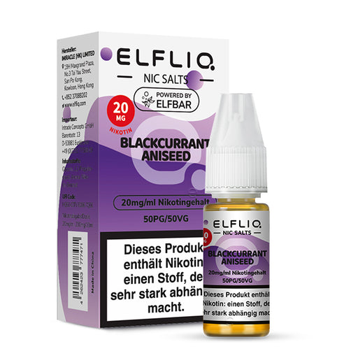 ELFLIQ Blackcurrant Aniseed Nikotinsalz Liquid Flasche und Schachtel, 20mg Nikotingehalt, 10ml. Img