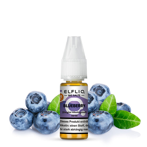 ELFLIQ Blueberry Nikotinsalz Liquid Fläschchen mit frischen Blaubeeren umgeben, 10ml, 10mg/ml.