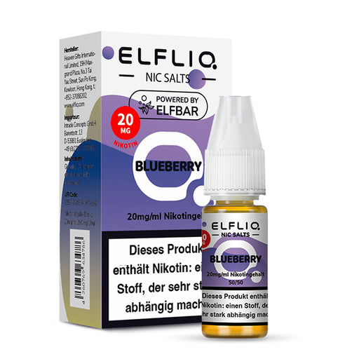 ELFLIQ Blaubeere Nikotinsalz Liquid 10ml 20mg, Flasche und lila Verpackung, Produktansicht. Img