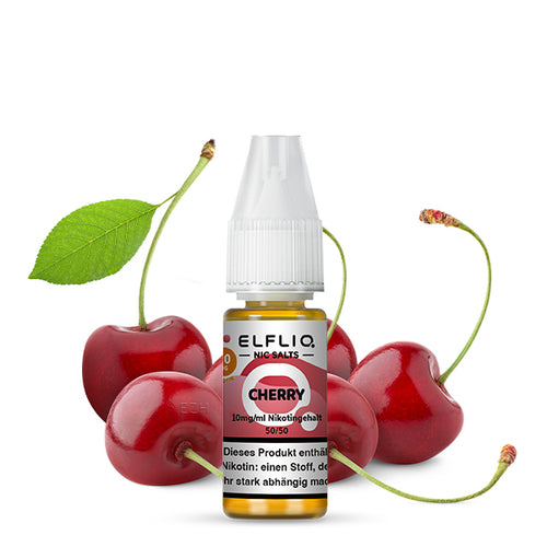 ELFLIQ Kirsch Nikotinsalz Liquid Flasche mit 10mg Nikotingehalt umgeben von frischen Kirschen.
