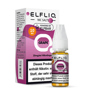 ELFLIQ Grape Nikotinsalz Liquid 10ml Flasche und Karton, 10mg/ml Nikotingehalt, lila-weißer Aufdruck.