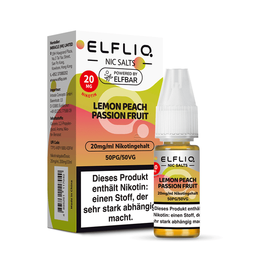 ELFLIQ Lemon Peach Passion Fruit Nikotinsalz Liquid, 10ml Flasche mit Verpackung, 20mg/ml Nikotingehalt, 50PG/50VG. Img