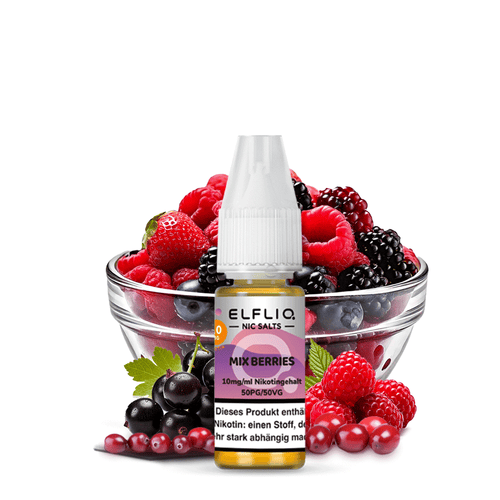 ELFLIQ Mix Berries Nikotinsalz Liquid 10ml Flasche mit Beeren im Hintergrund, 10mg/ml.