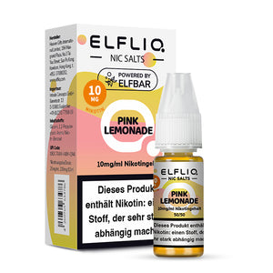 ELFLIQ Pink Lemonade Nikotinsalz Liquid 10mg/ml Flasche und Verpackung im Pink-Gelb-Orange Design mit Schriftzug.