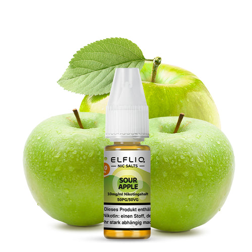 ELFLIQ Sour Apple Nikotinsalz Liquid 10ml Flasche mit 10mg/ml Nikotingehalt neben grünen Äpfeln, Produktabbildung.