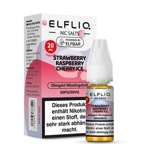 ELFLIQ Erdbeere Himbeere Kirsche Eis Nikotinsalz Liquid 20mg, 10ml Flasche mit pinker Verpackung und Eis-Design. Img