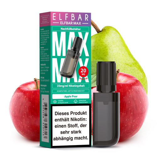 ELFBAR MAX Nachfüllbehälter Apple Pear mit 20mg/ml Nikotingehalt, kompatibel mit ELFA MAX Kit.