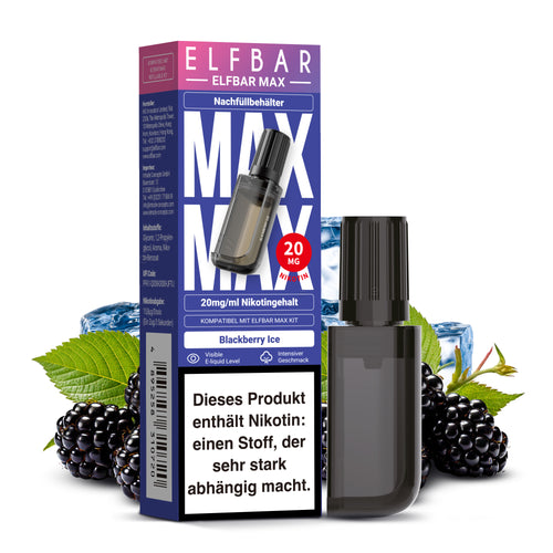 ELFBAR MAX Nachfüllbehälter Blackberry Ice mit 20mg Nikotin und 10ml Liquid, dargestellt mit seiner Produktverpackung.