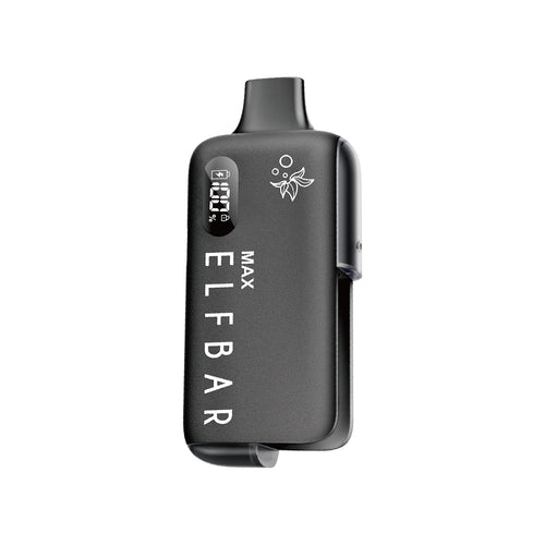 Schwarzer ELFBAR MAX Akkuträger mit digitalem Display (100% Akkustand), Logo und Blumenprint für Nachfüllbehälter.