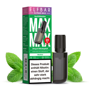 Schwarzer ELFBAR MAX Nachfüllbehälter Menthol 20mg/ml, 10ml. Kompatibel mit ELFA MAX Kit, mit Verpackung und Minze.