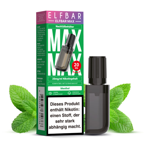 Schwarzer ELFBAR MAX Nachfüllbehälter Menthol 20mg/ml, 10ml. Kompatibel mit ELFA MAX Kit, mit Verpackung und Minze.