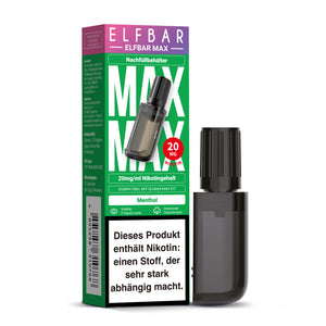 ELFBAR MAX Nachfüllbehälter Menthol, 20mg/ml Nikotingehalt. Produktabbildung mit Verpackung, kompatibel mit ELFA MAX Kit.