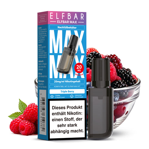 ELFBAR MAX Nachfüllbehälter Triple Berry 20mg, sichtbarer E-Liquid Stand, mit Blaubeere, Himbeere, Brombeere.